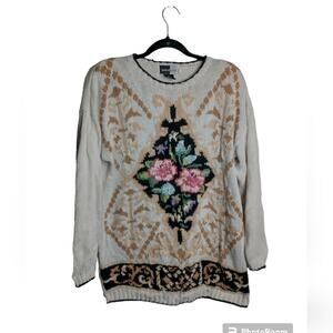 Vintage Beldoch Popper Floral Embroidered Knit Oversized Sweater W L Cottage